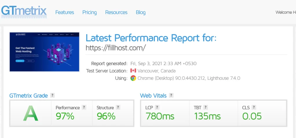 FillHost GTmetrix Performance Report